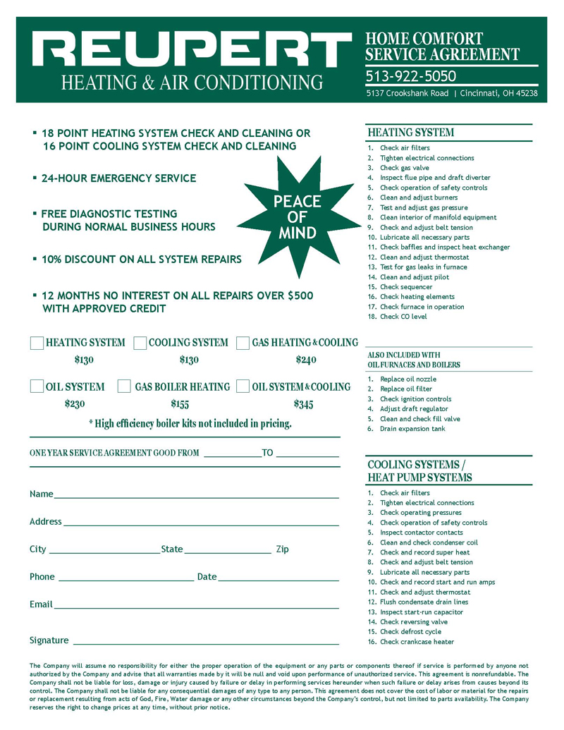 Home Comfort Service Agreement for Reupert Heating & Cooling